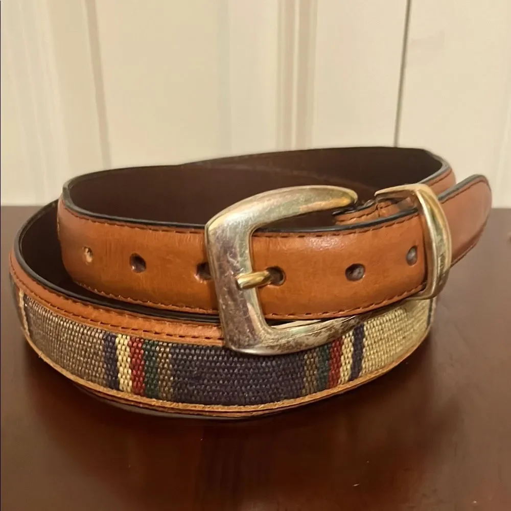 Brown Woven Tapestry Striped Fabric Leather Belt Brass Buckle Western Unisex 38